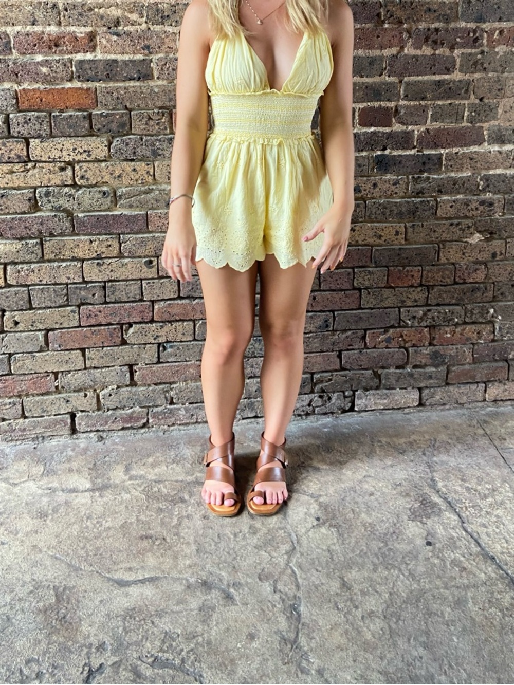 Urban Outfitters Yellow Smocked Waist Eyelet Romper